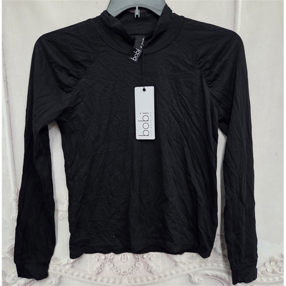 NWT Bobi S Mock Neck Pleated Shoulder Long Sleeve T Shirt Black 132036 - Picture 4 of 4